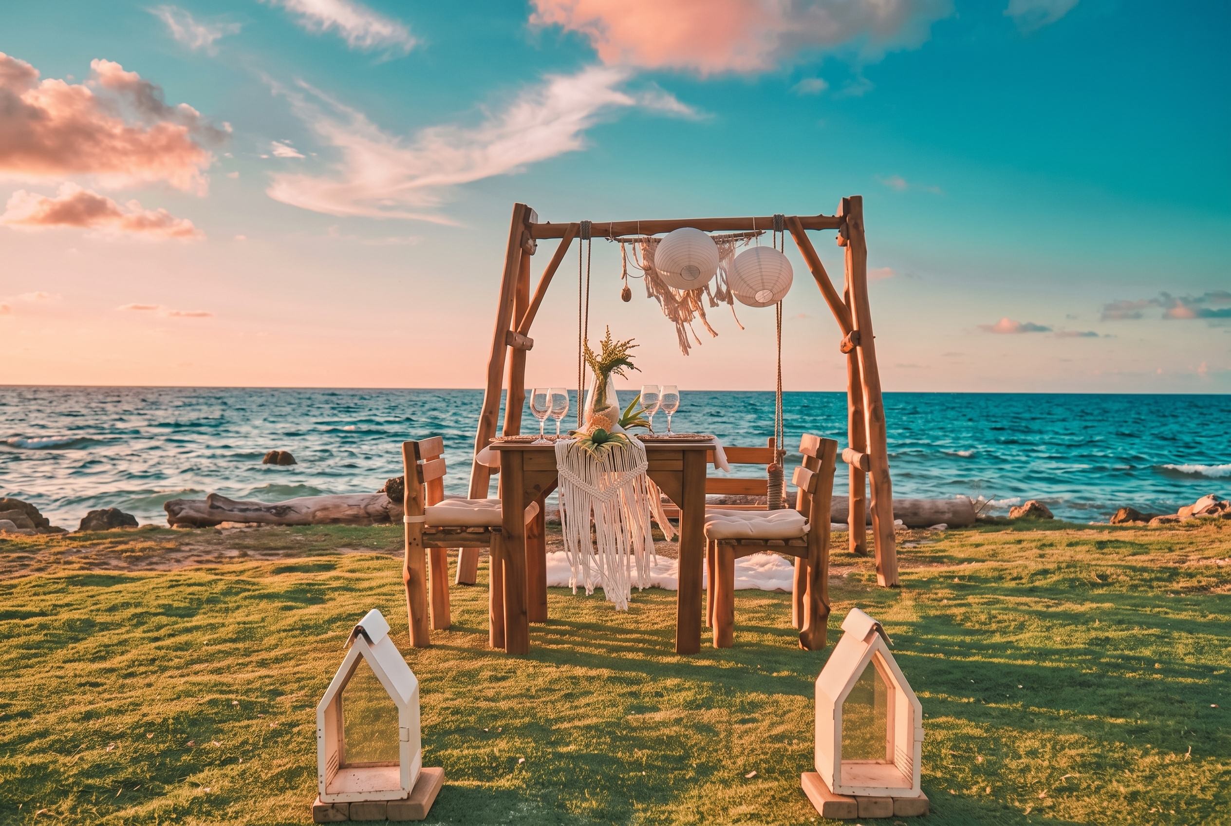 Cena romántica frente al mar al atardecer